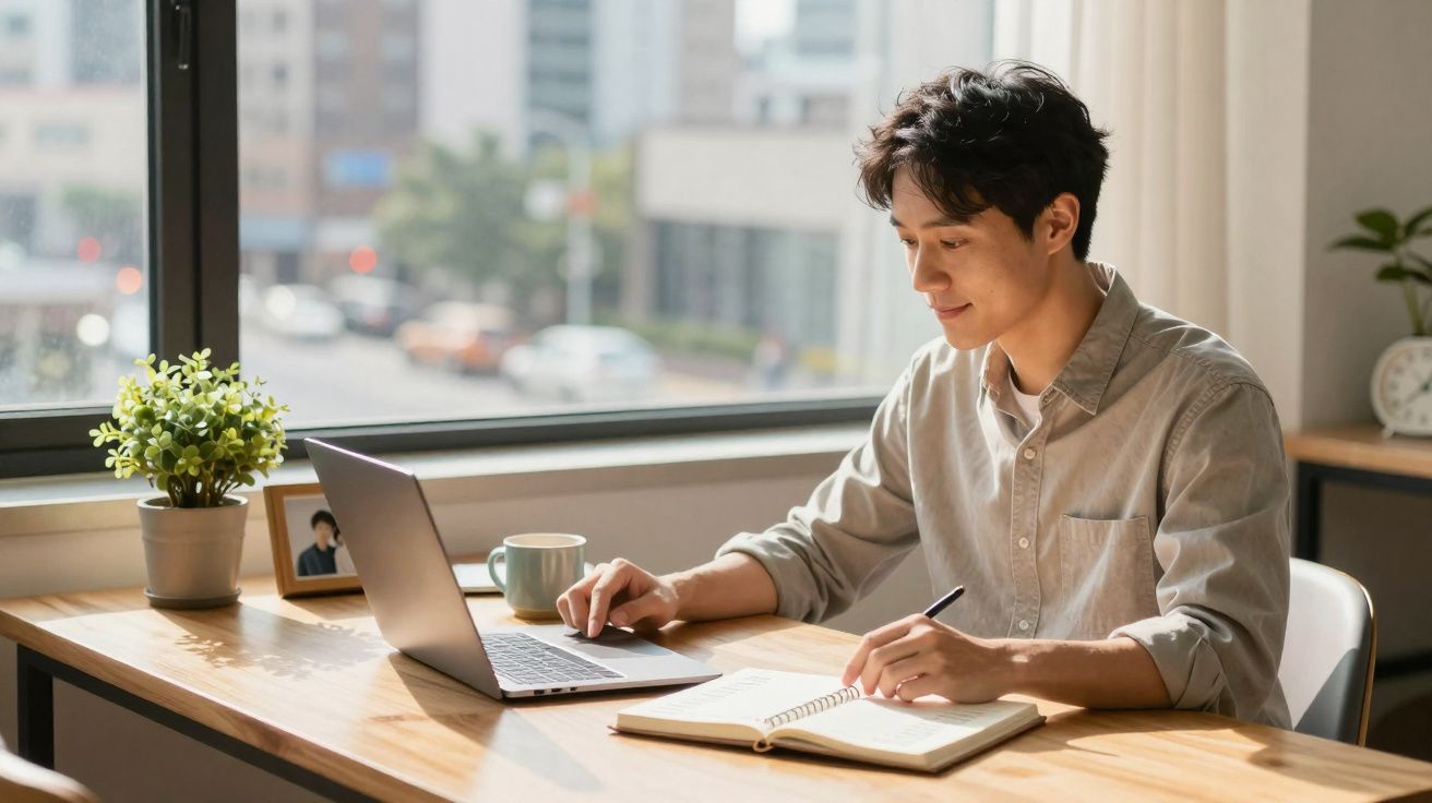 Homem a trabalhar num portátil e a escrever num caderno junto a uma janela com vista urbana.