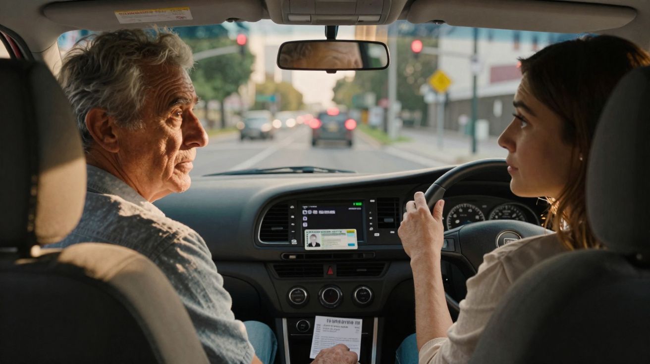 Homem e mulher dentro de carro, mulher ao volante e homem no banco do passageiro a olhar para ela.