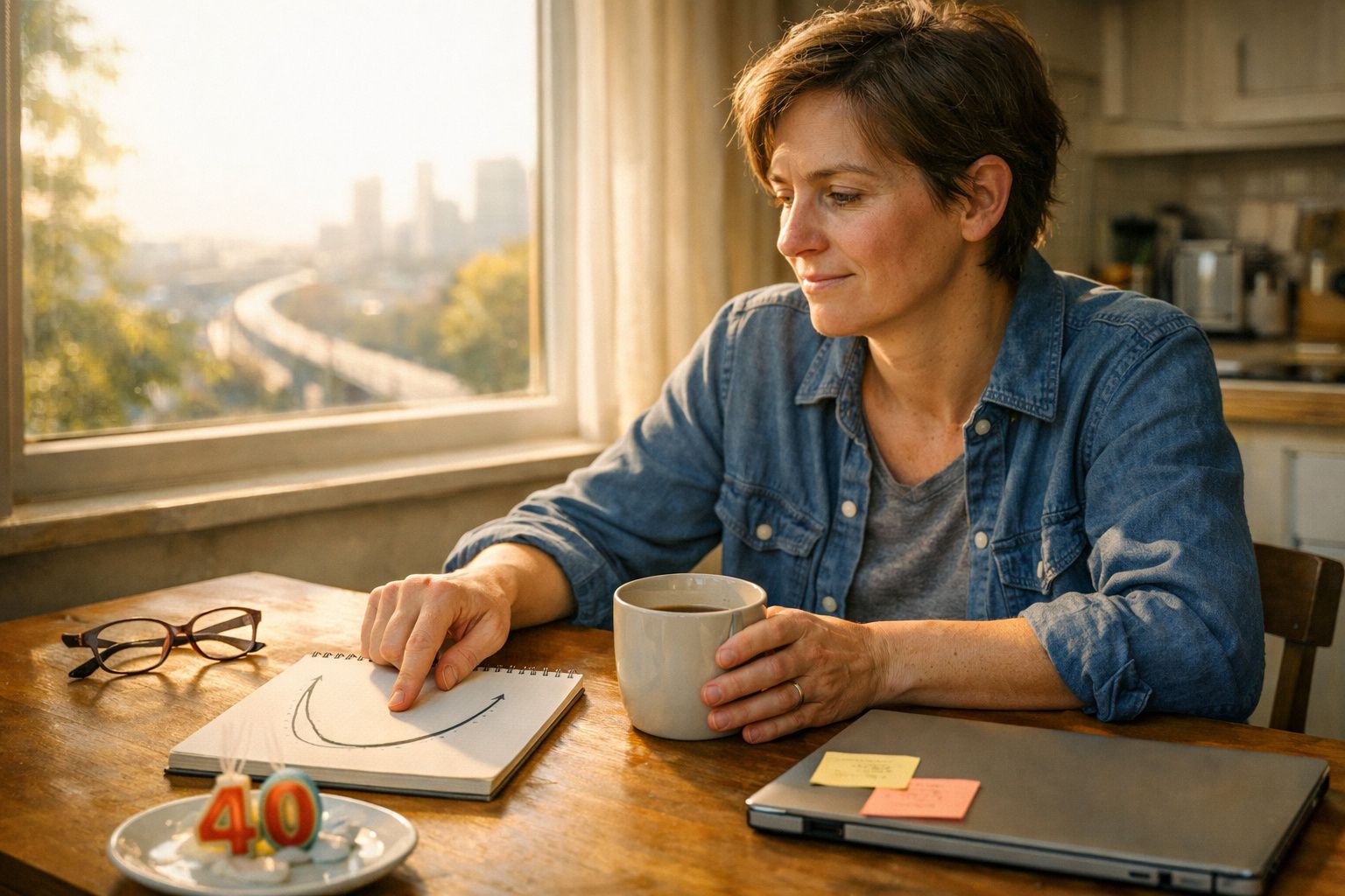 Mulher sentada à mesa com uma caneca na mão, olhando para um desenho de sorriso num caderno aberto.