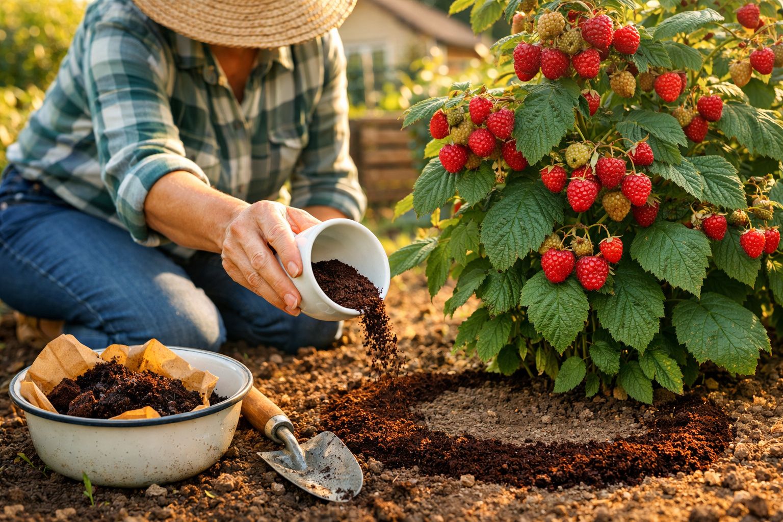 Pessoa a aplicar borra de café no solo junto a um arbusto de framboesas maduras no jardim.