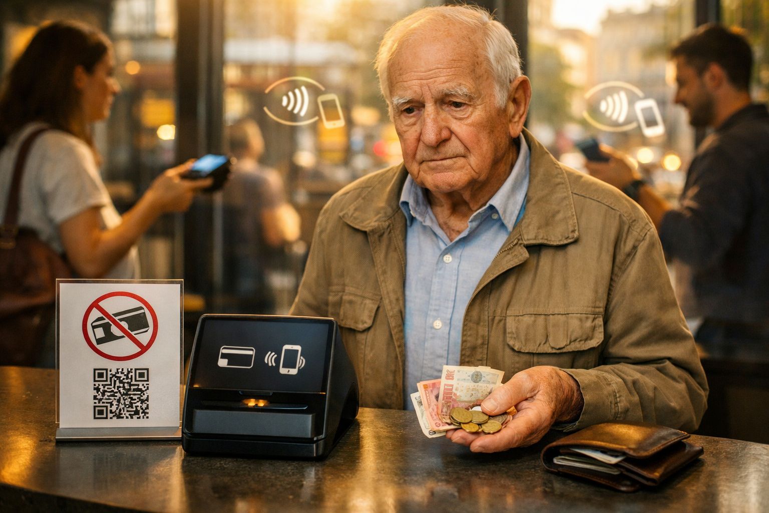Homem idoso com dinheiro na mão diante de terminal que indica pagamento apenas por contacto.