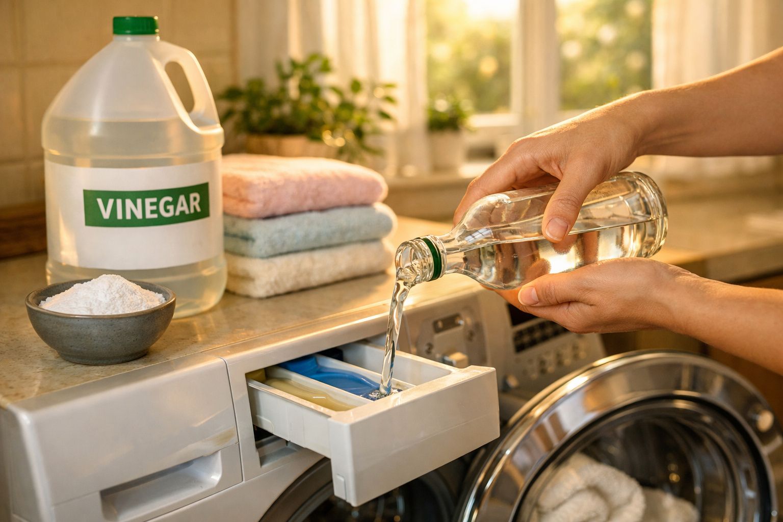 Mãos a despejar vinagre numa máquina de lavar, com bicarbonato e toalhas empilhadas no fundo.