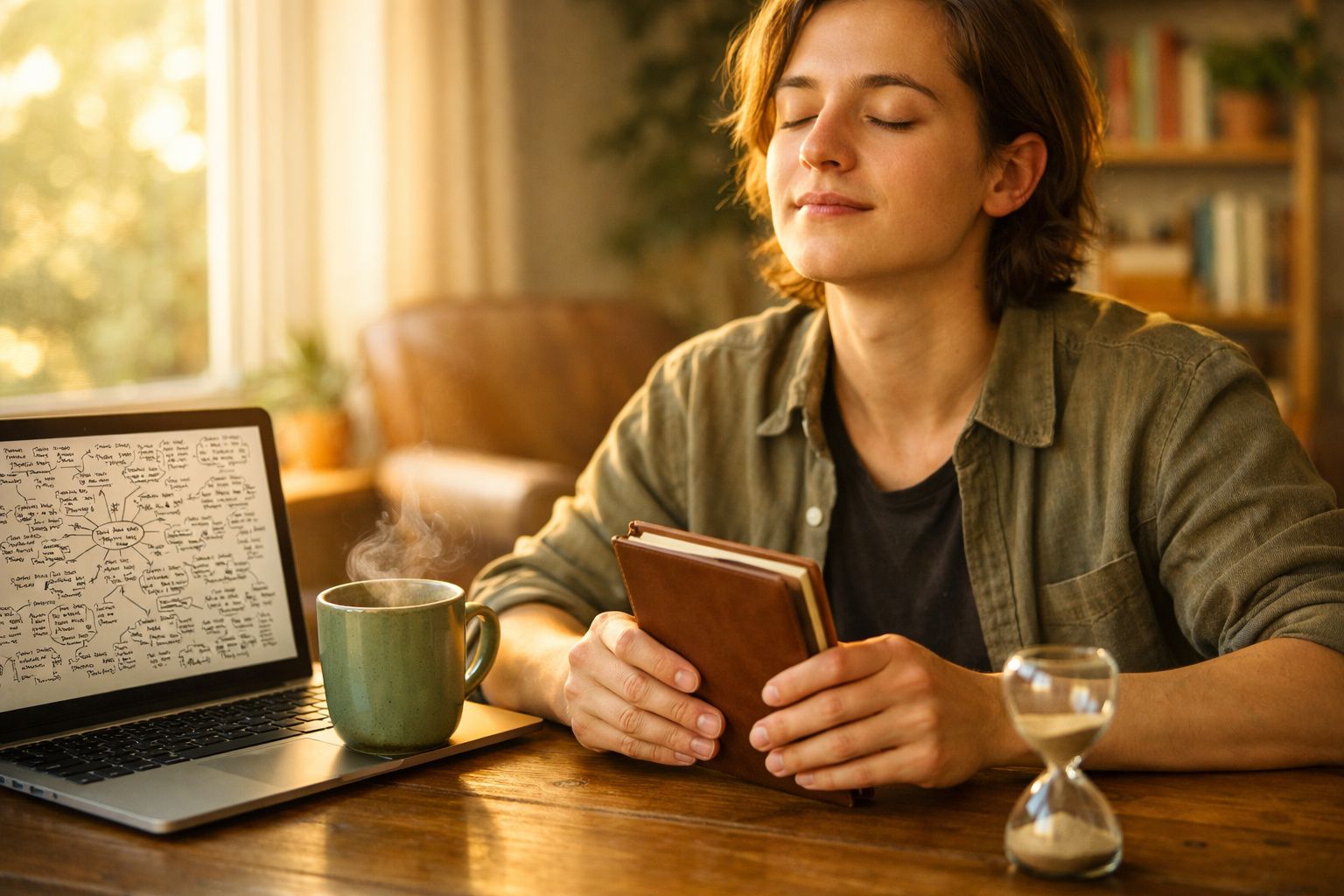 Pessoa jovem sentada à mesa, olhos fechados, com livro nas mãos, computador e chá quente à sua frente.