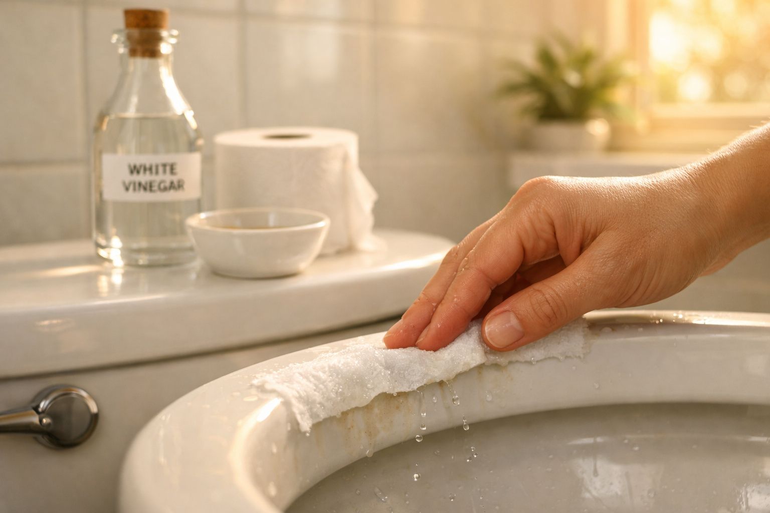 Mão a limpar uma sanita com um pano húmido e vinagre branco numa casa de banho iluminada.