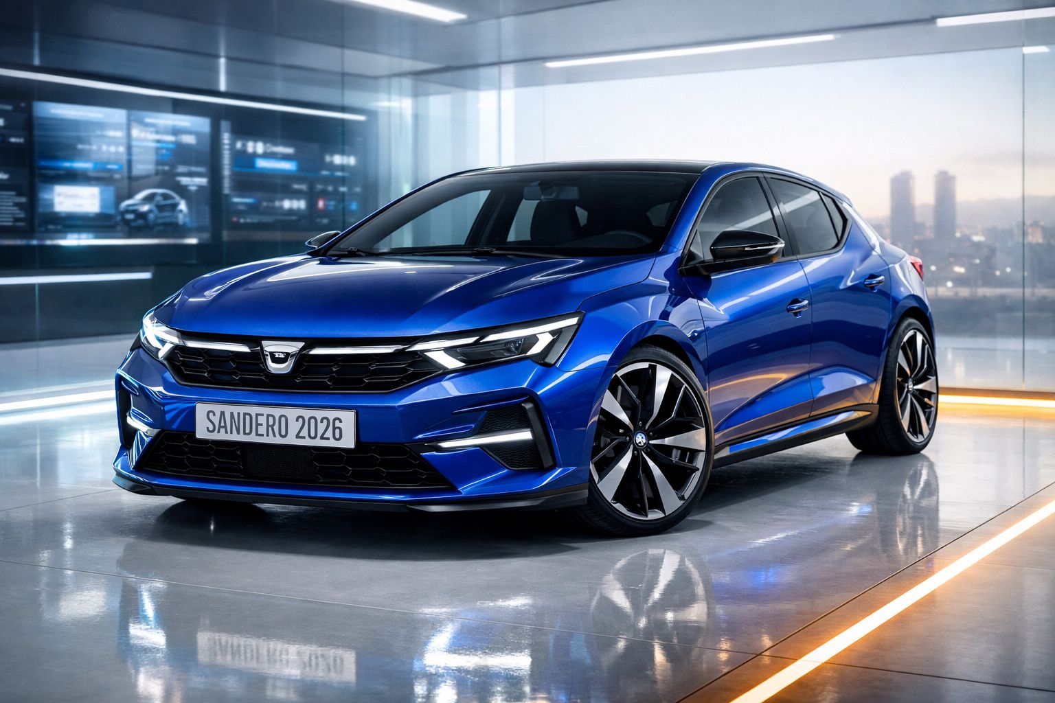 Automóvel Dacia Sandero 2026 azul brilhante em espaço moderno e iluminado, visto de frente e lado direito.