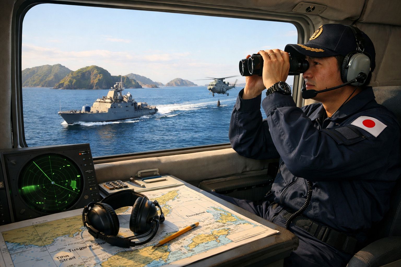 Homem da marinha japonesa observa com binóculos navio e helicóptero através da janela de uma embarcação.