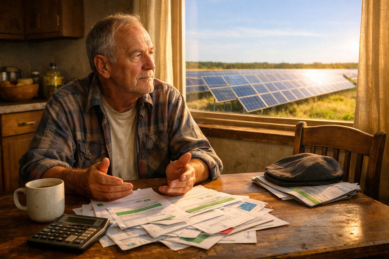 Homem idoso sentado à mesa com contas, olhando para painéis solares pela janela numa casa rústica.