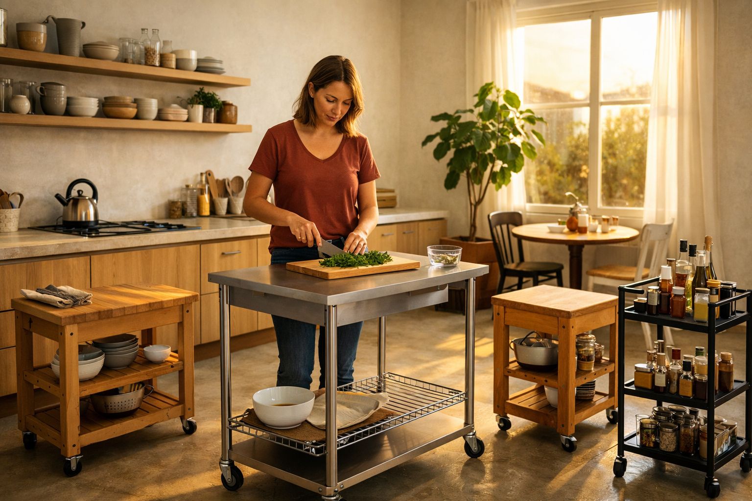 Mulher a cortar ervas frescas numa cozinha moderna com luz natural ao fim da tarde.