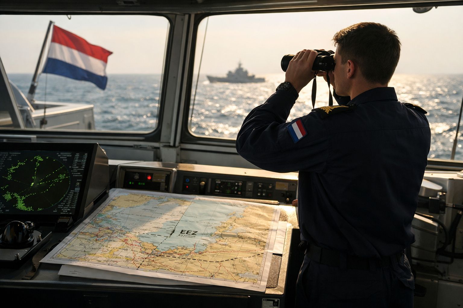 Militar com uniforme da marinha observa o mar com binóculos a bordo de navio, bandeira dos Países Baixos visível.