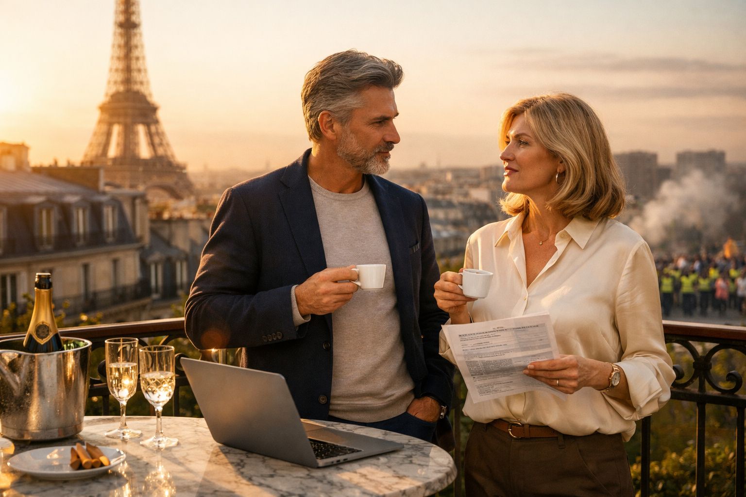 Casal elegante a conversar no terraço com vista para a Torre Eiffel ao pôr do sol, bebendo café.