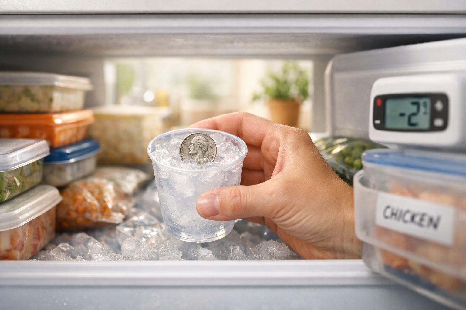 Pessoa segurando copo com moeda presa no gelo dentro do congelador a -2°C, perto de alimentos armazenados.