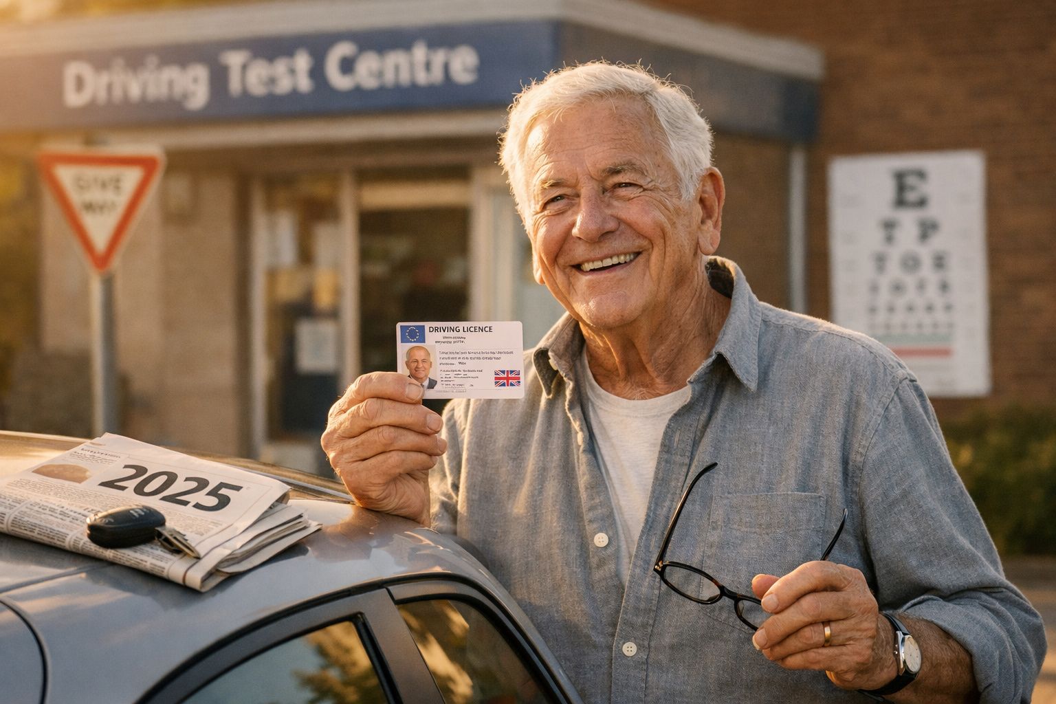 Homem idoso sorridente mostra carta de condução fora de centro de exames de condução.