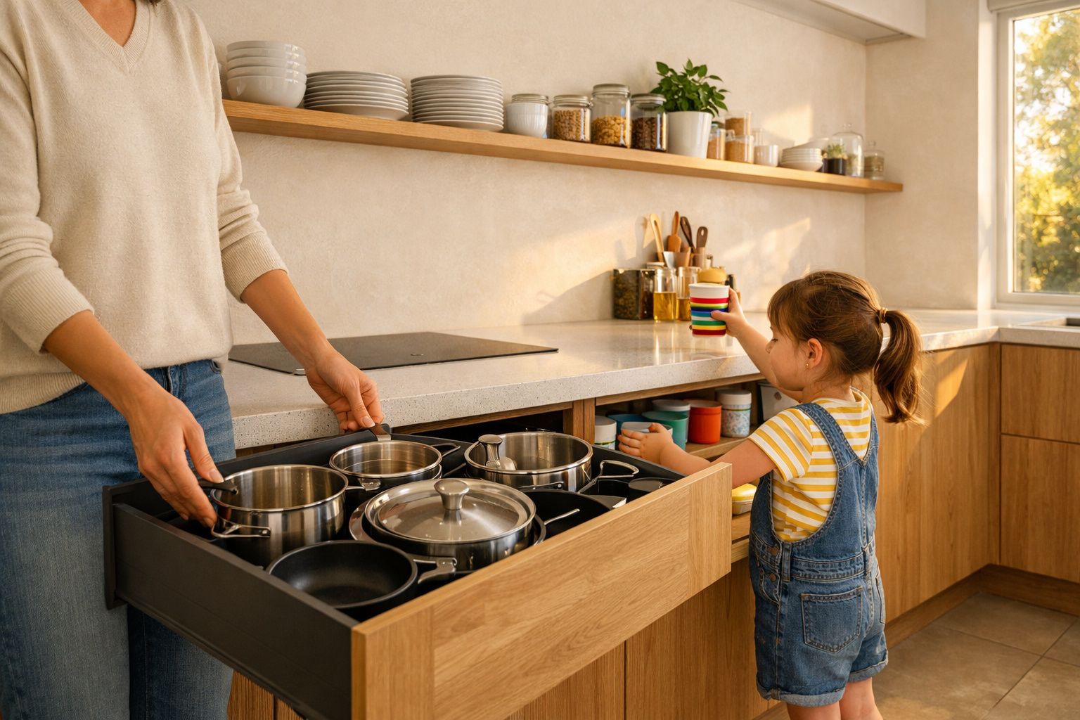 Criança ao lado de adulto a arrumar panelas e utensílios numa cozinha moderna de madeira.
