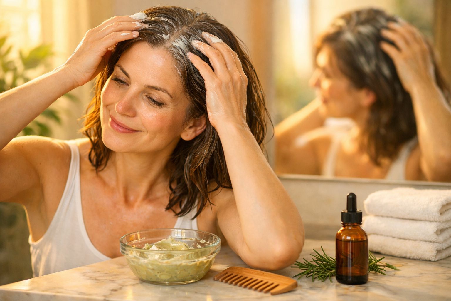 Mulher aplica máscara de cabelo com ingredientes naturais em frente a espelho, ambiente acolhedor e toalhas brancas.