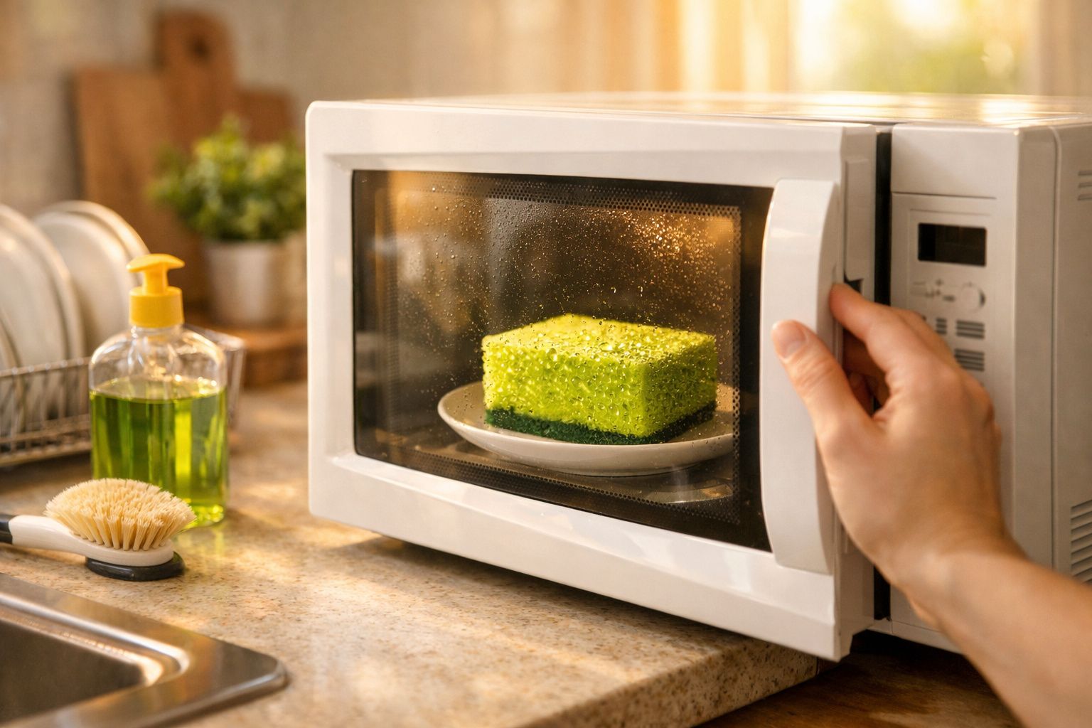 Pessoa a fechar a porta do micro-ondas com uma esponja verde dentro numa cozinha.