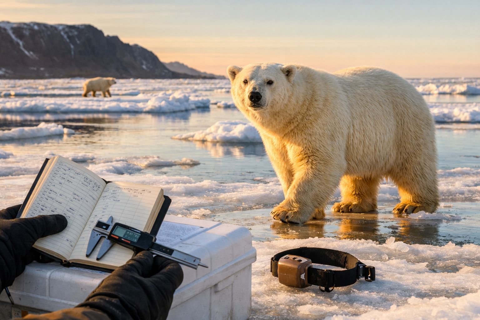 Urso polar em baixo, perto de equipamento sobre gelo e água com montanha ao fundo ao pôr do sol.