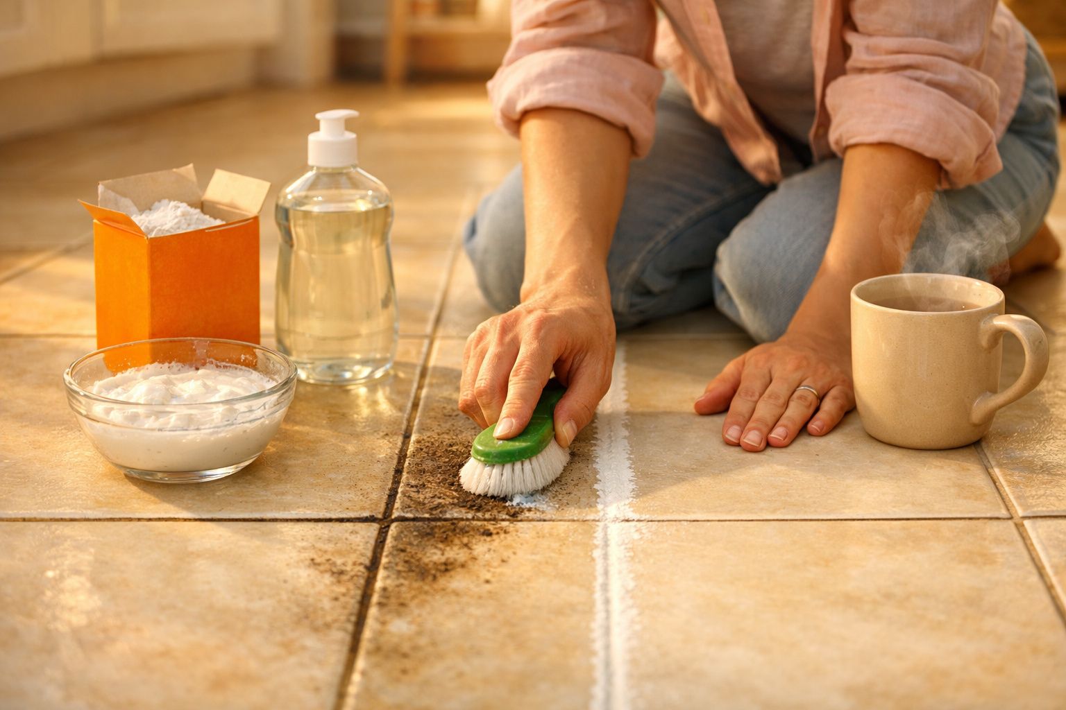 Pessoa a limpar chão de azulejos com escova e produtos de limpeza caseiros e chá quente ao lado.