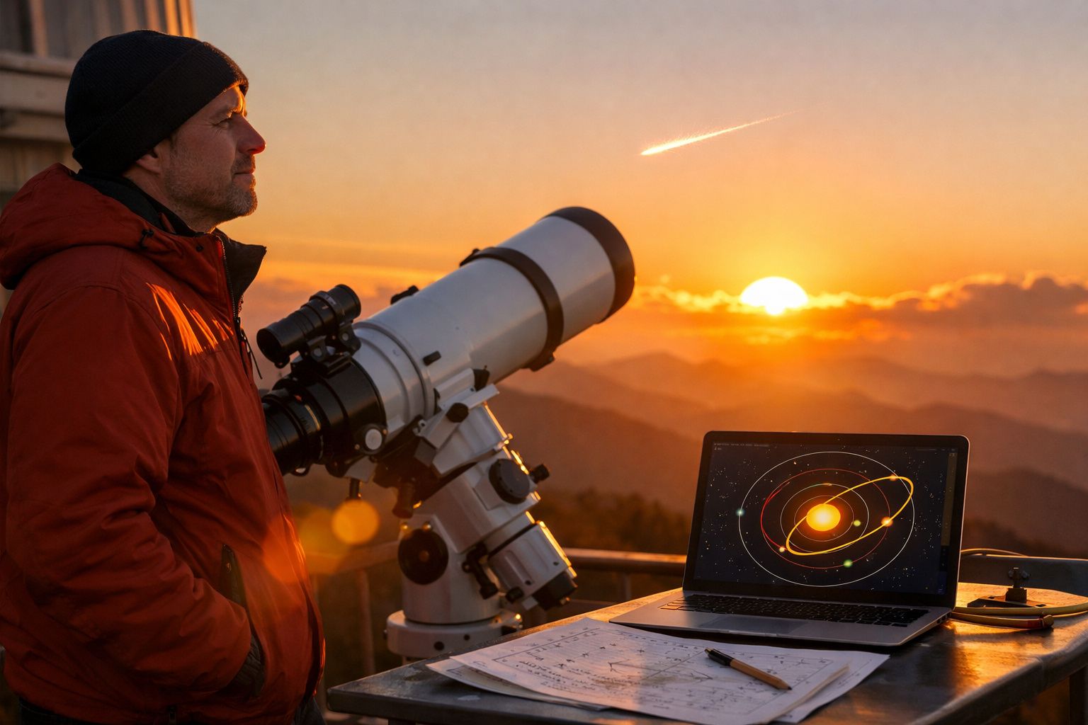 Homem observa o pôr do sol com telescópio e laptop mostrando sistema solar numa varanda de montanha.