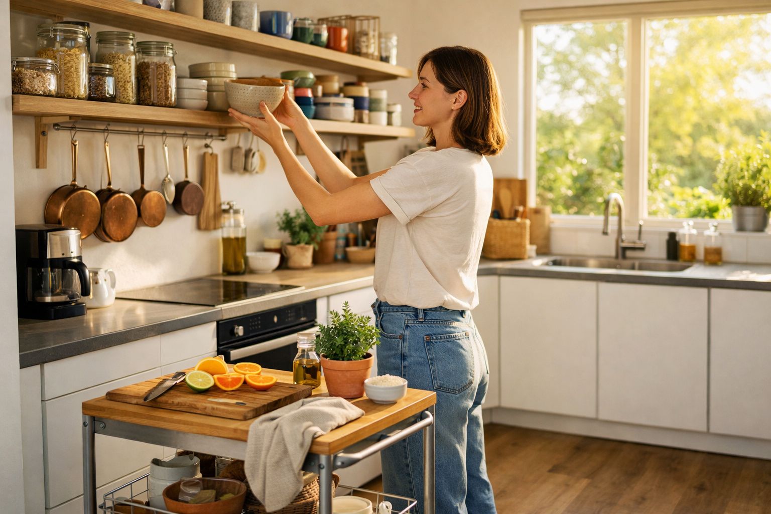 Mulher arruma taças numa prateleira de cozinha iluminada, com frutas e ervas frescas numa bancada.