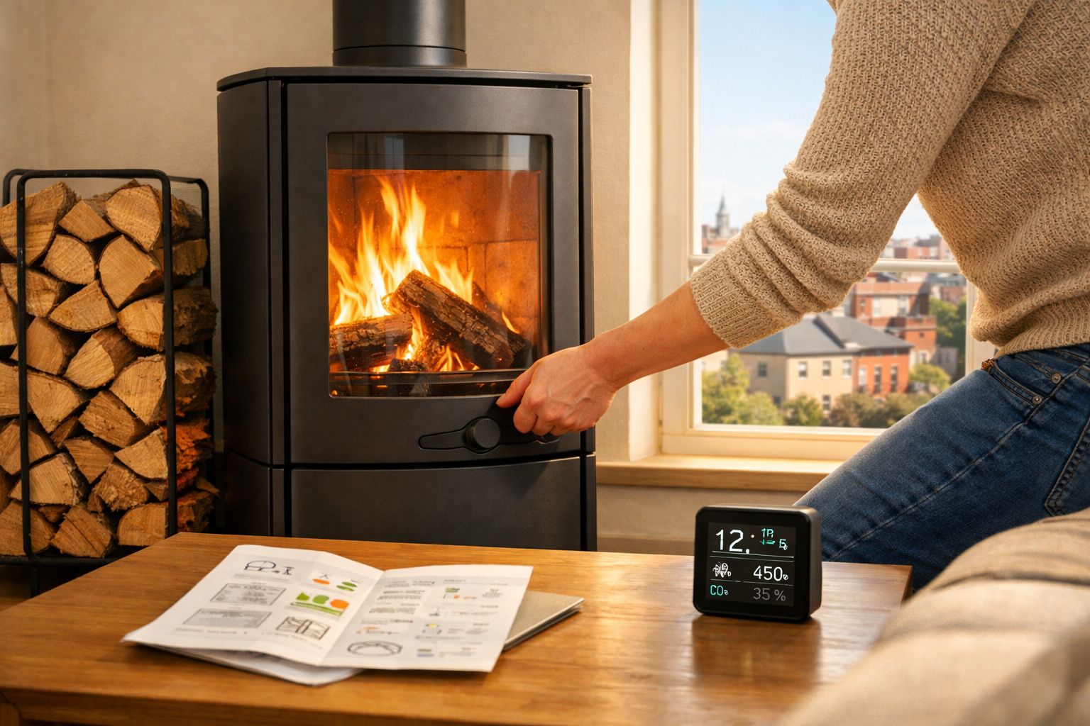 Pessoa a acender salamandra a lenha numa sala com vista urbana, com lenha empilhada e monitor de qualidade do ar.
