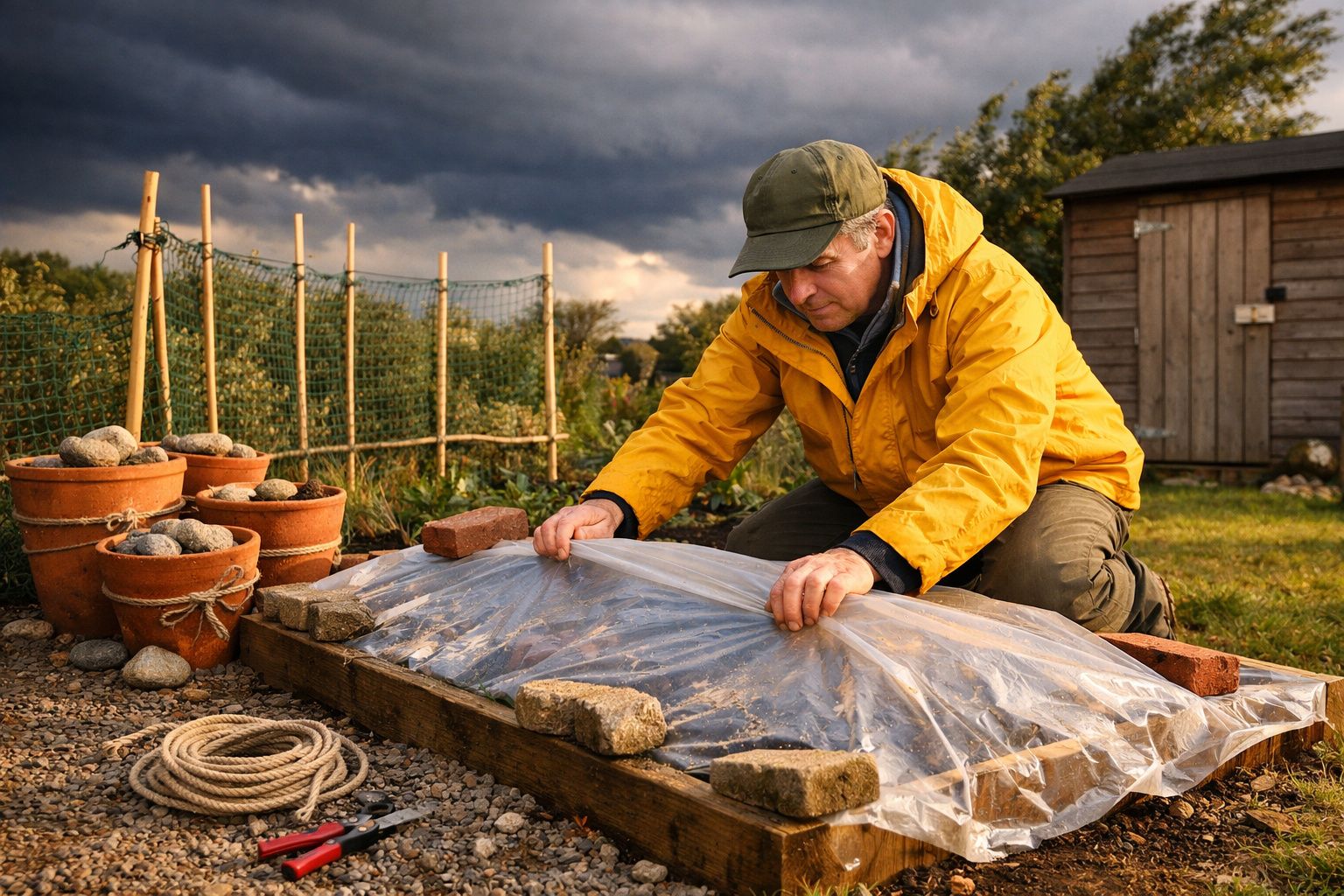Homem com casaco amarelo a cobrir canteiro de jardim com plástico para proteger plantas.