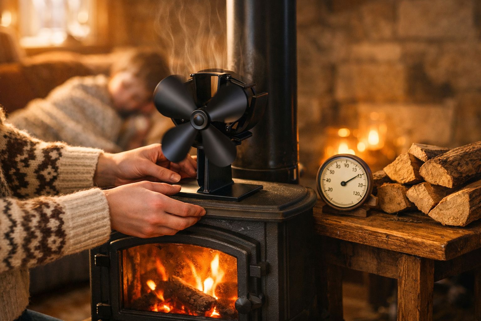 Pessoa a ajustar ventilador preto em fogão a lenha aceso, com termómetro e madeira ao lado.