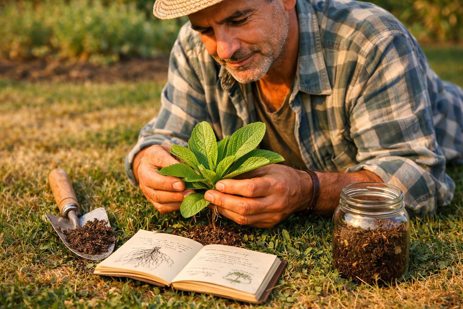 Homem deitado na relva a examinar planta recém-colhida, com livro de botânica, jarro de terra e enxada ao lado.