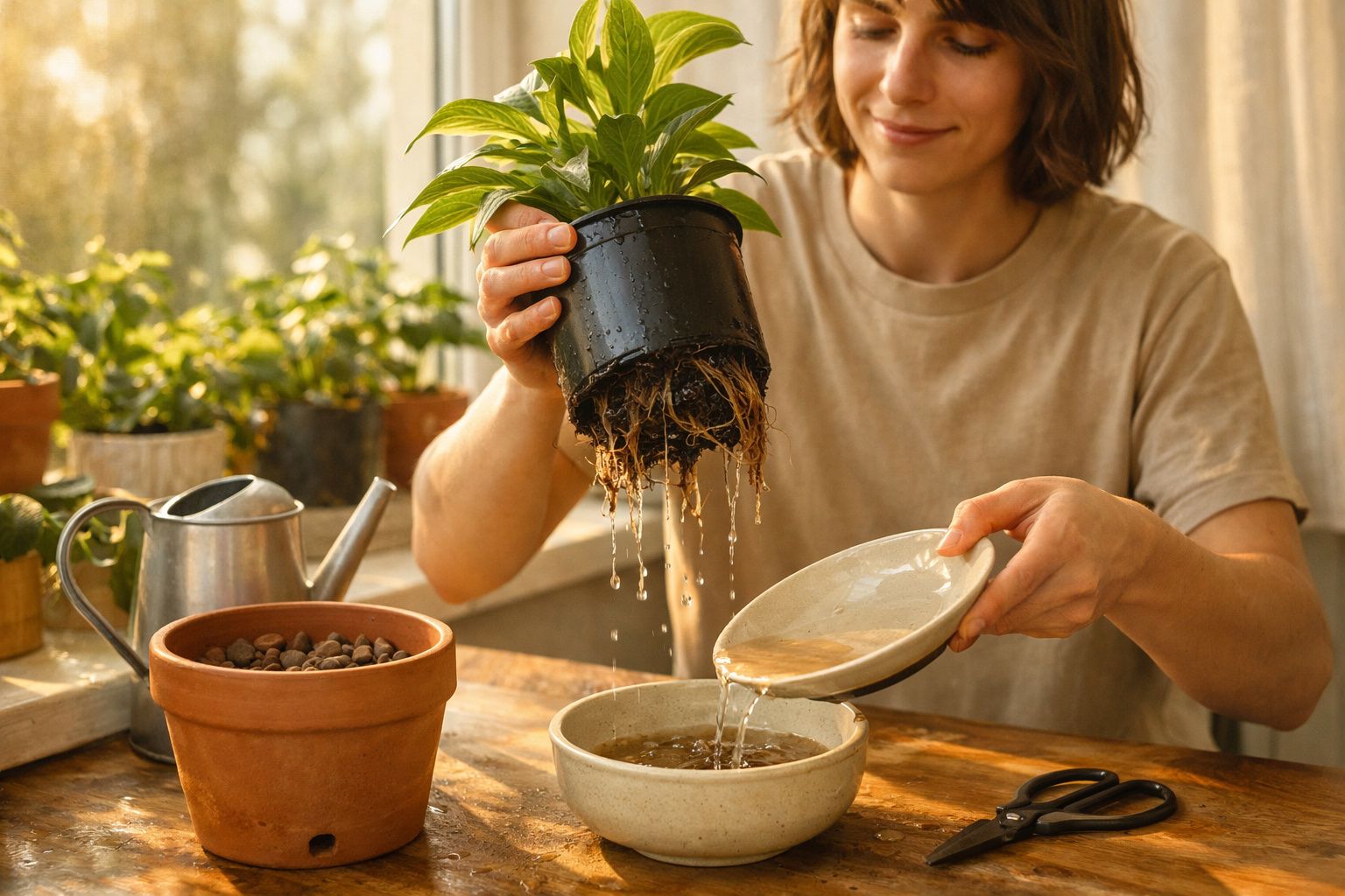 Pessoa a lavar as raízes de uma planta com água num prato, junto a vaso e regador numa mesa de madeira.