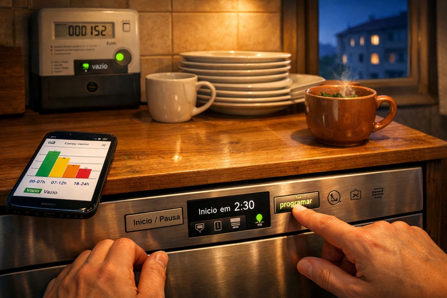 Mãos programam máquina de lavar loiça com chá fumegante, smartphone e pratos ao fundo.