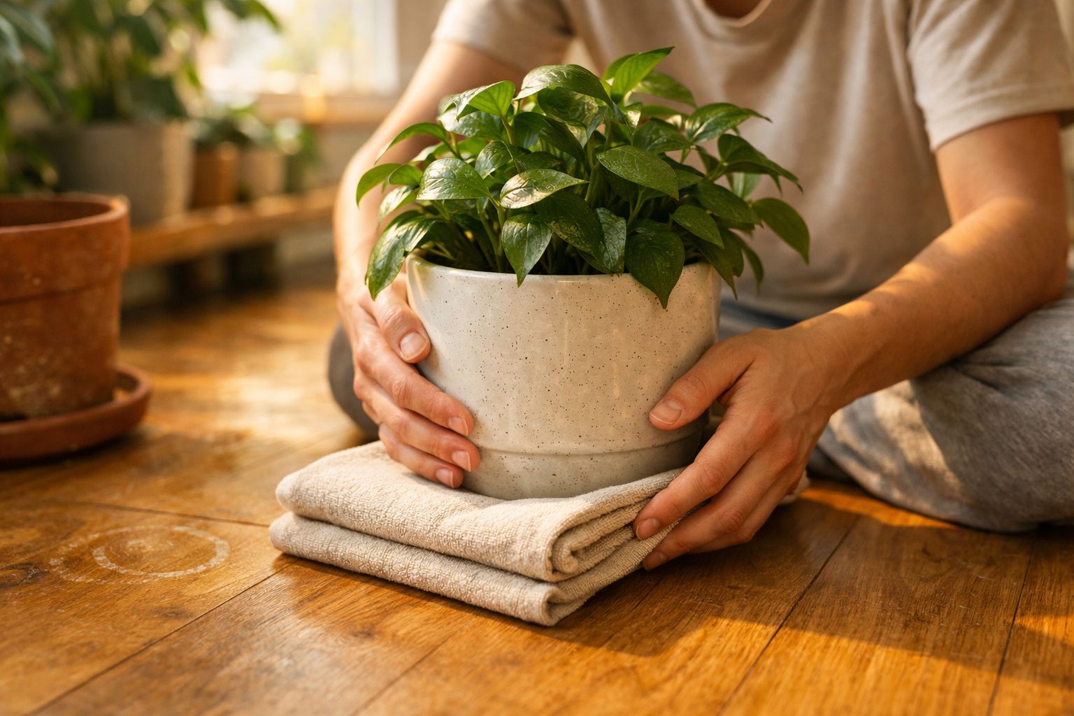 Pessoa sentada no chão a segurar vaso com planta verde sobre toalha dobrada em chão de madeira.