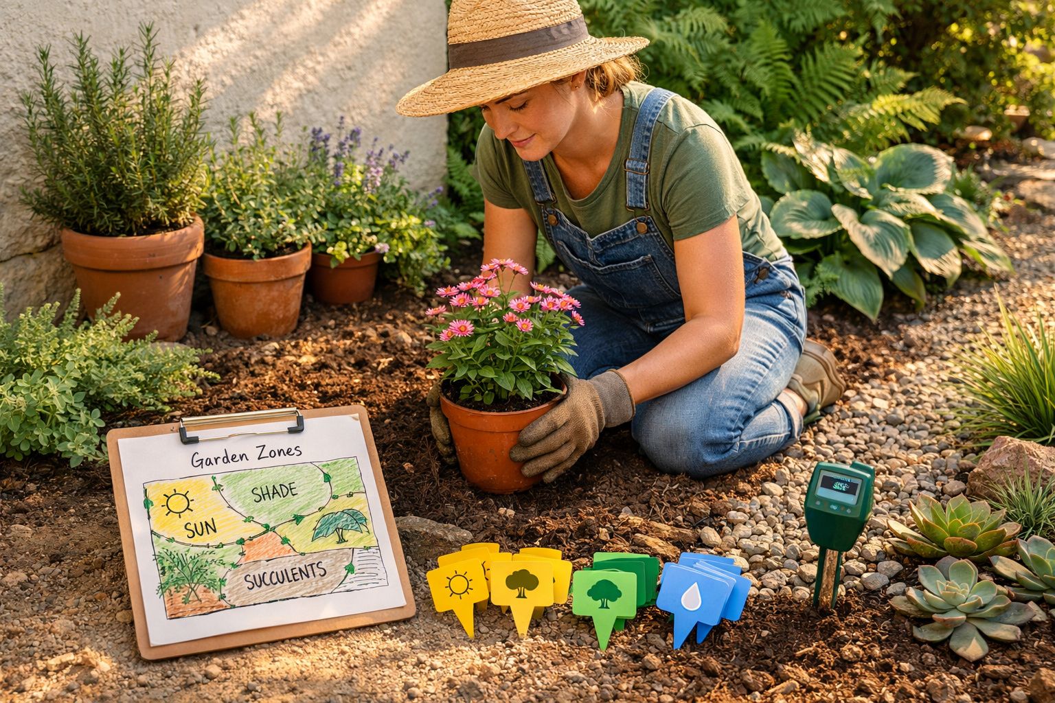 Mulher com chapéu a plantar flores num jardim com ferramentas e um quadro com zonas de plantas.