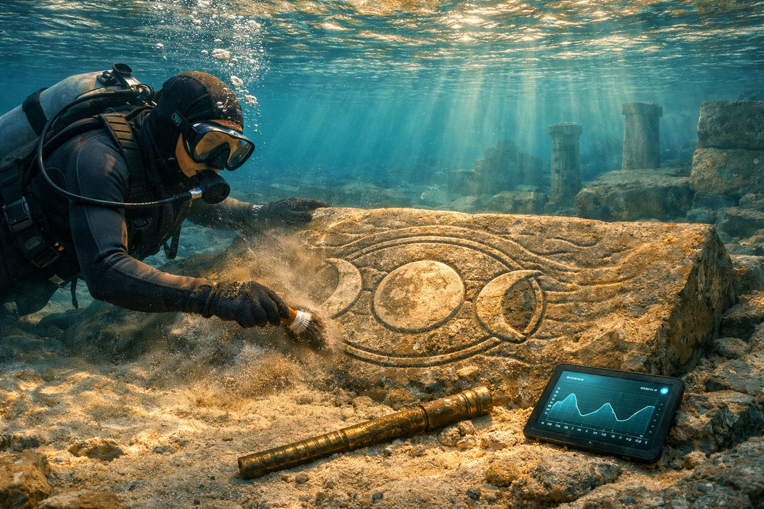 Mergulhador a limpar pedra antiga submersa com símbolos, perto de tablet com dados e colunas subaquáticas.