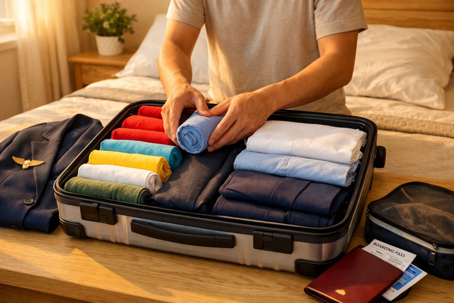 Pessoa a arrumar roupas coloridas numa mala aberta numa cama, com fato azul e bilhete de embarque ao lado.