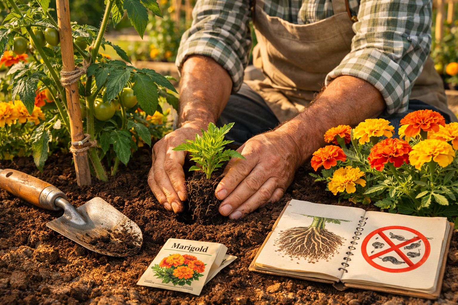 Mãos de jardineiro a plantar uma muda de cravo-de-defunto com ferramentas e guia de plantação à volta.