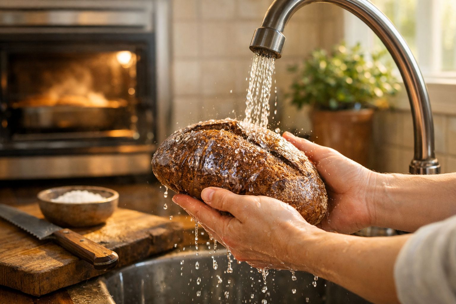 Mãos a lavar um pão rústico sob uma torneira, com uma faca de pão e uma tigela com sal ao fundo.