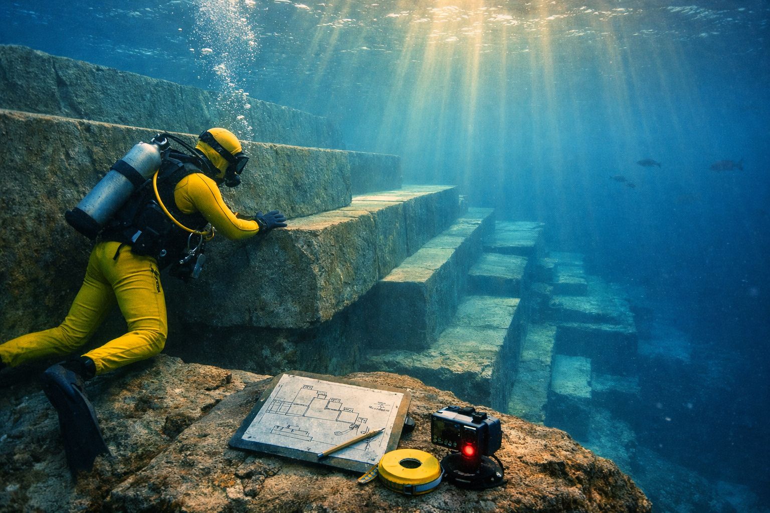 Mergulhador em fato amarelo explora escadaria subaquática antiga com equipamentos e plantas ao lado.