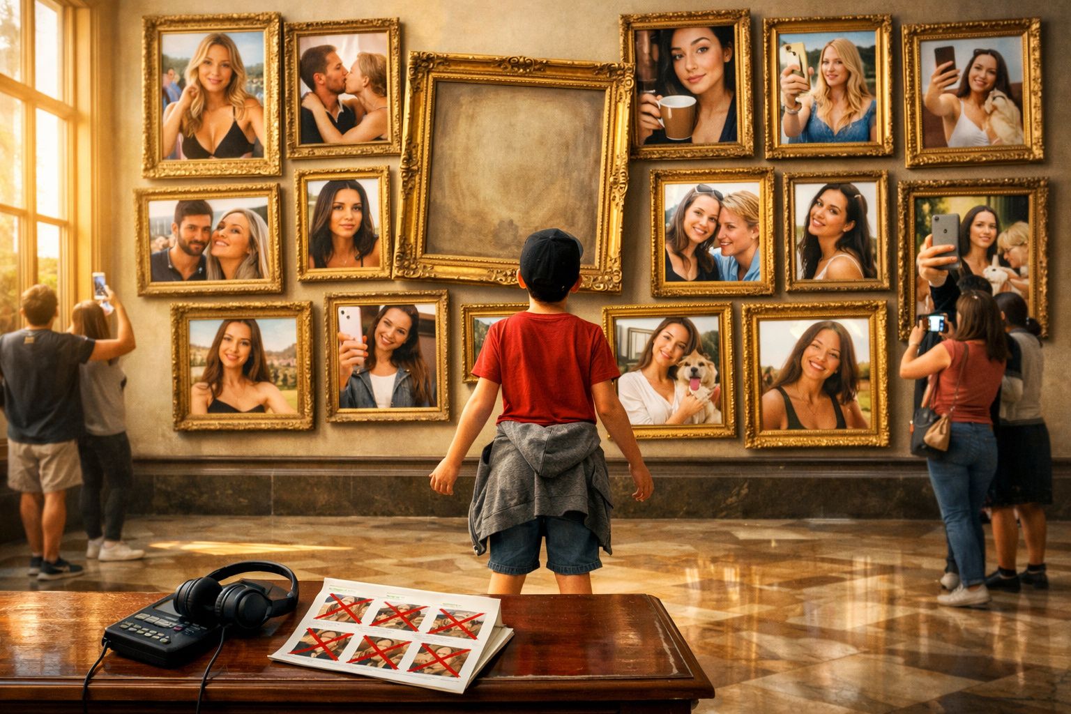 Criança observa parede de quadros com selfies em molduras douradas numa galeria de arte.