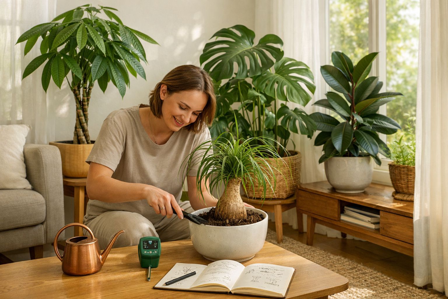 Mulher sorridente a cuidar de planta em vaso dentro de sala iluminada com várias plantas e móveis de madeira.