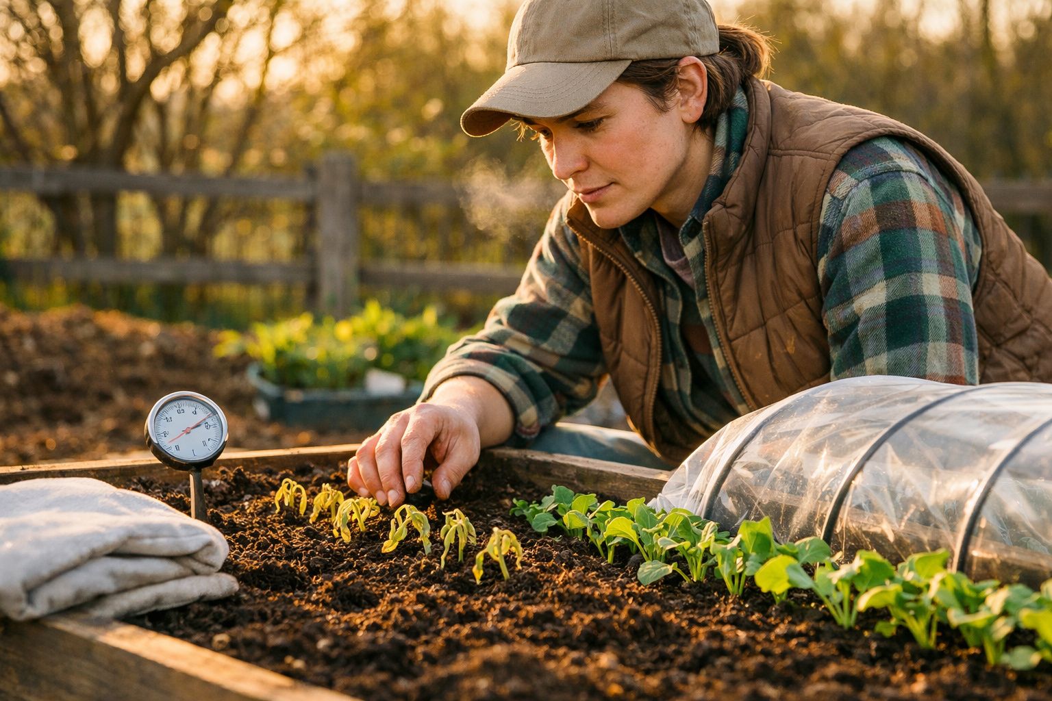 Pessoa a cuidar de plantas numa horta com termómetro para medir a temperatura do solo.