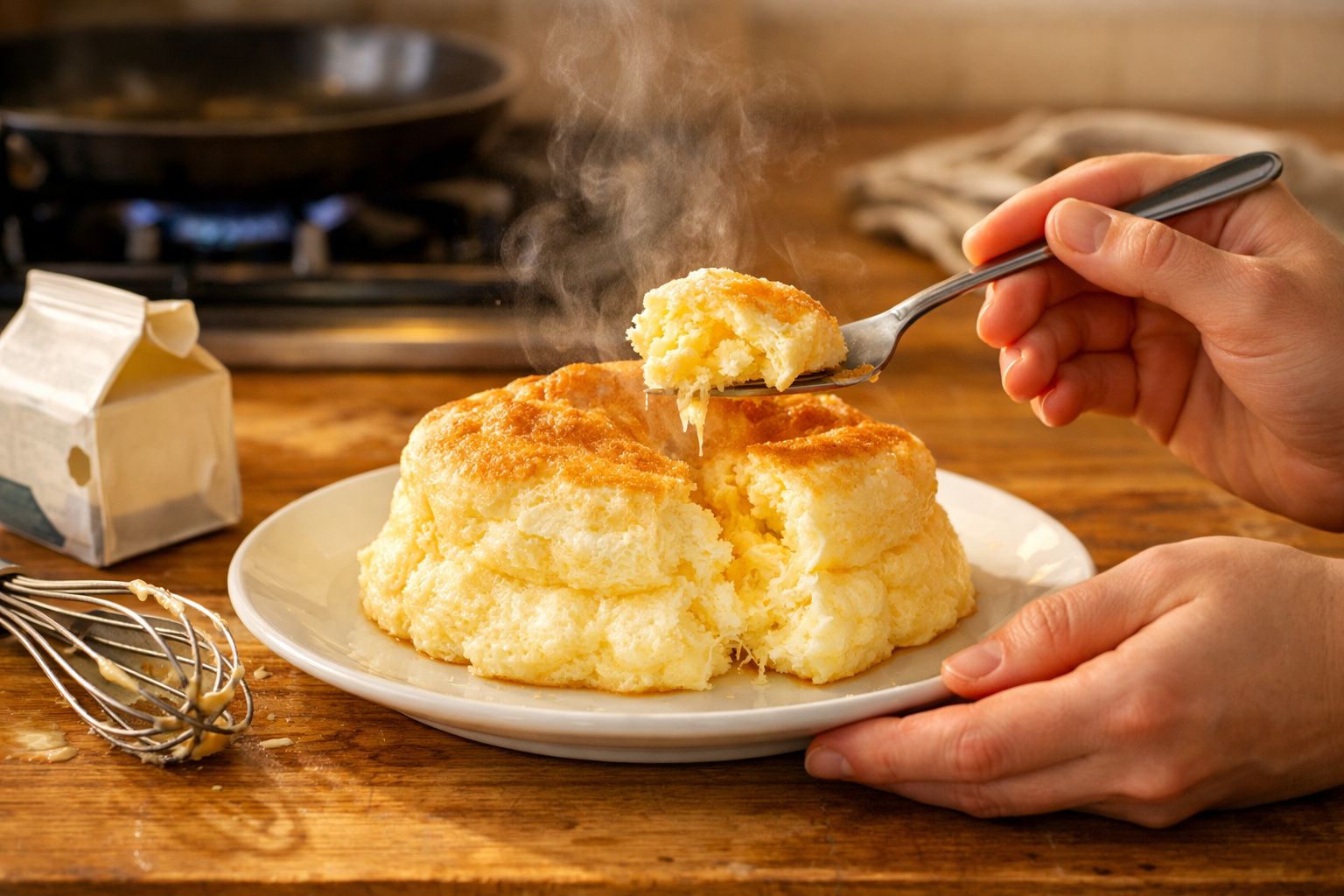 Pão de queijo caseiro e fofo a vapor num prato branco, sendo partido com garfo nas mãos de uma pessoa.