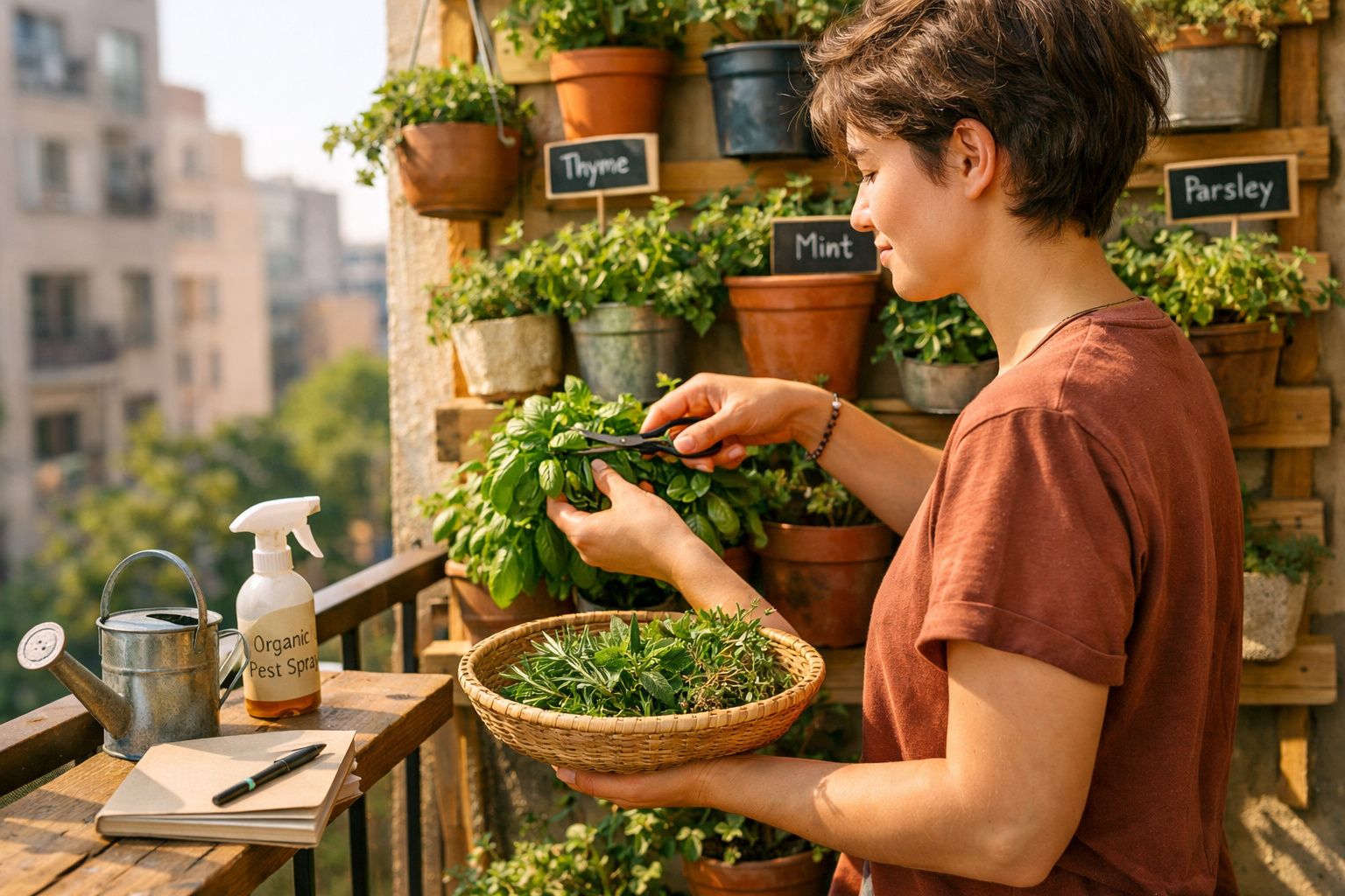 Mulher colhendo ervas aromáticas num jardim vertical numa varanda urbana ensolarada.