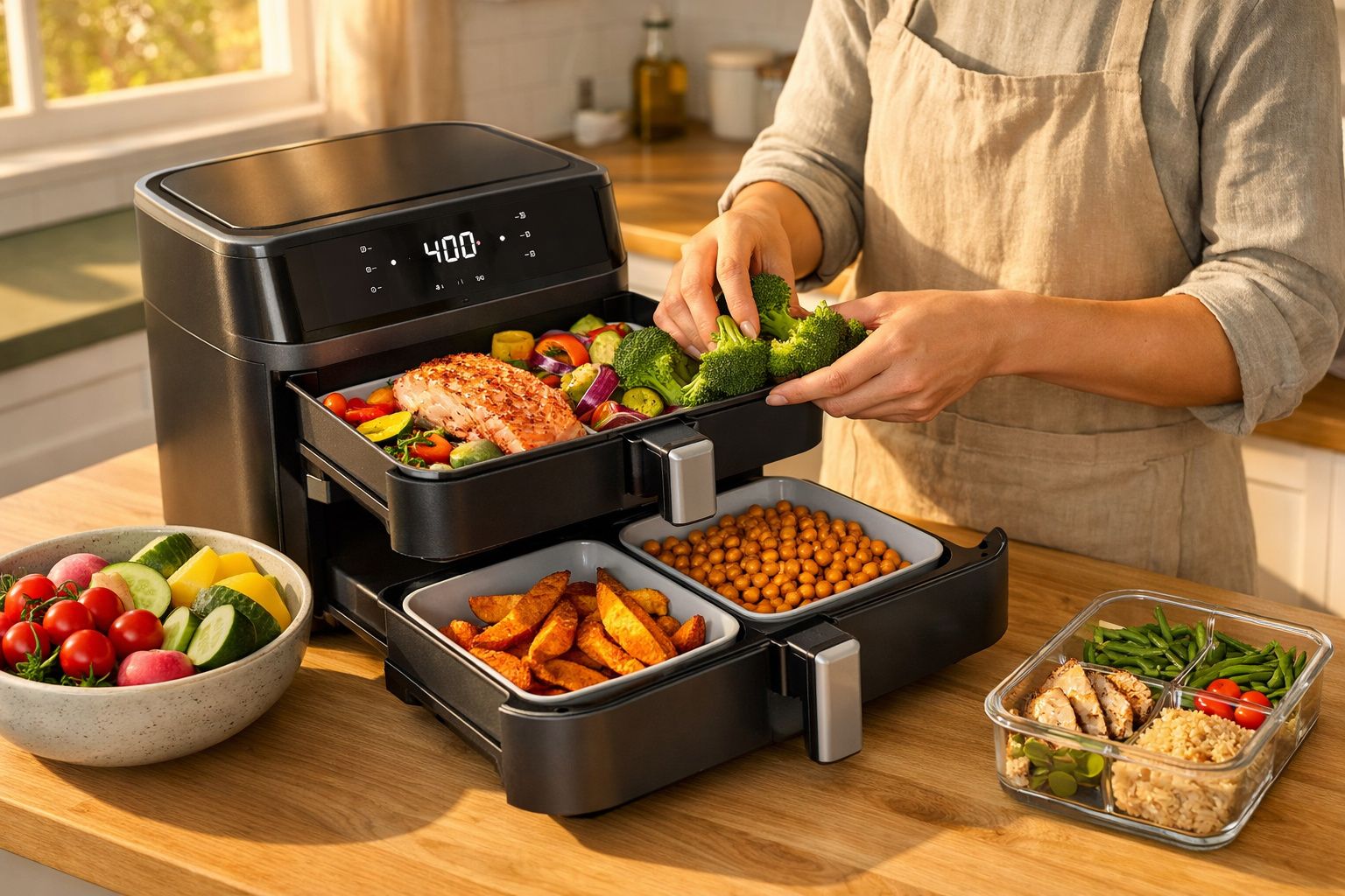 Pessoa a preparar comida saudável numa fritadeira elétrica com salmão, legumes, batatas e grão-de-bico.