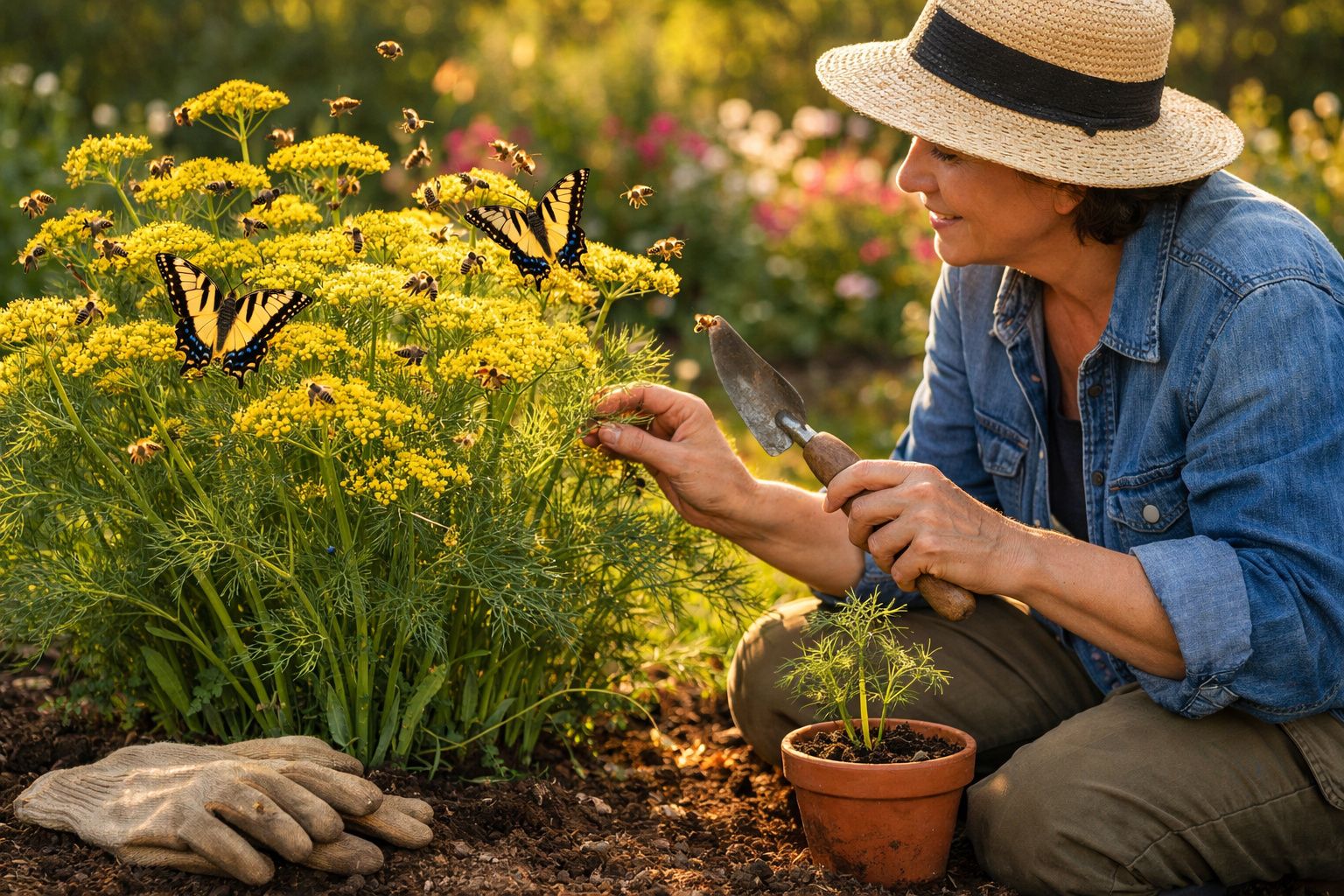 Mulher a jardinar com chapéu, pegando em planta amarela com borboletas e abelhas à volta.