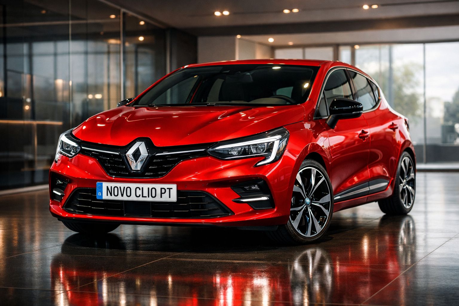 Carro vermelho Renault Novo Clio PT estacionado em piso brilhante com iluminação interior moderna.