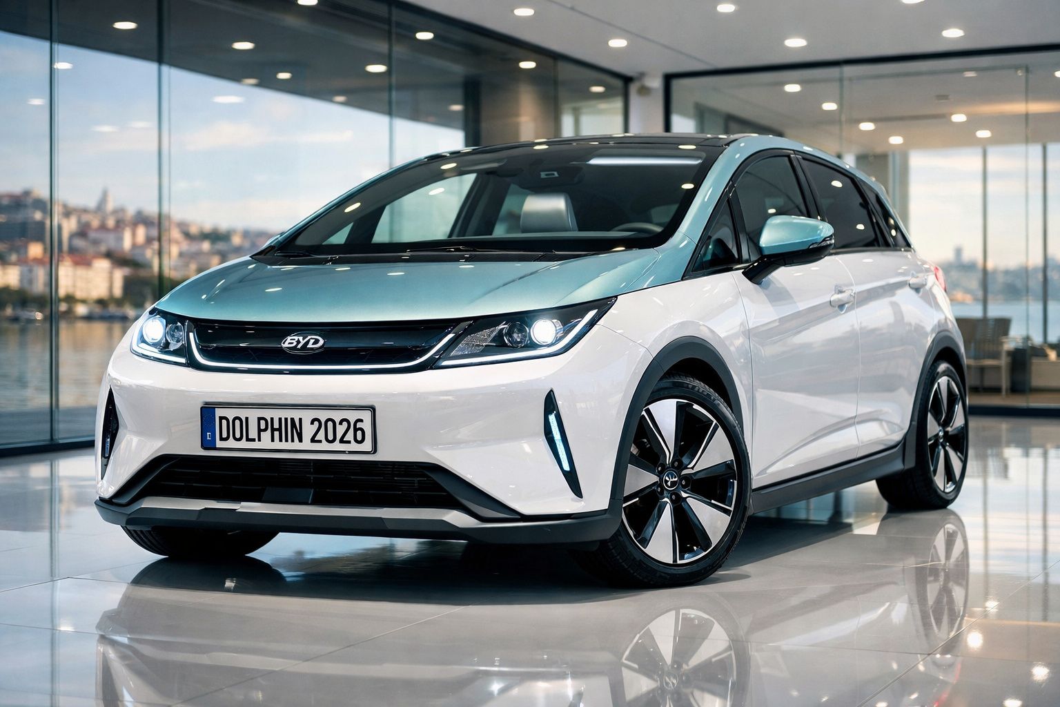 Carro elétrico BYD Dolphin branco, em exposição num showroom moderno com vidros amplos.