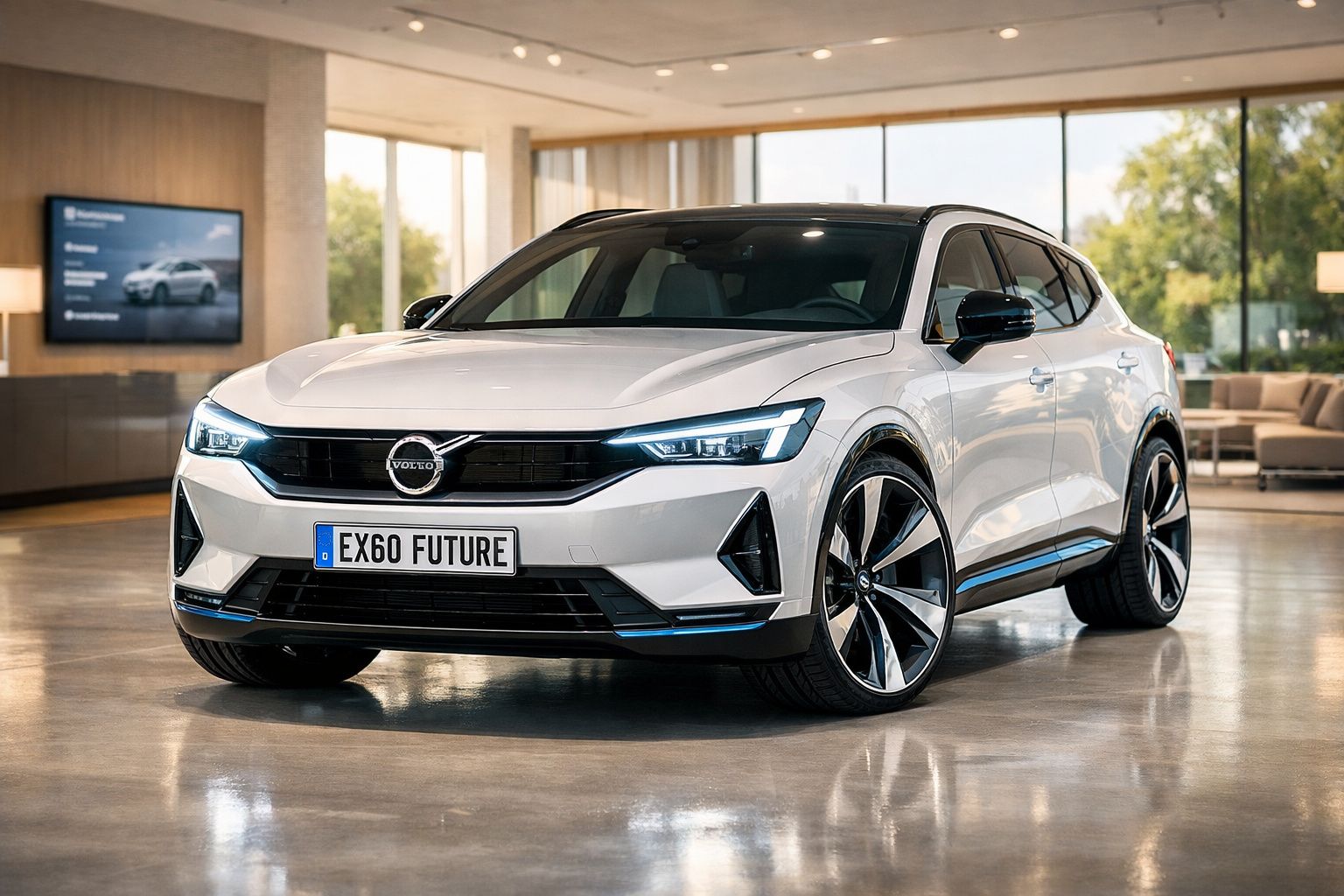 Carro elétrico Volvo EX60 branco em exposição numa sala com janelas amplas e mobília moderna.