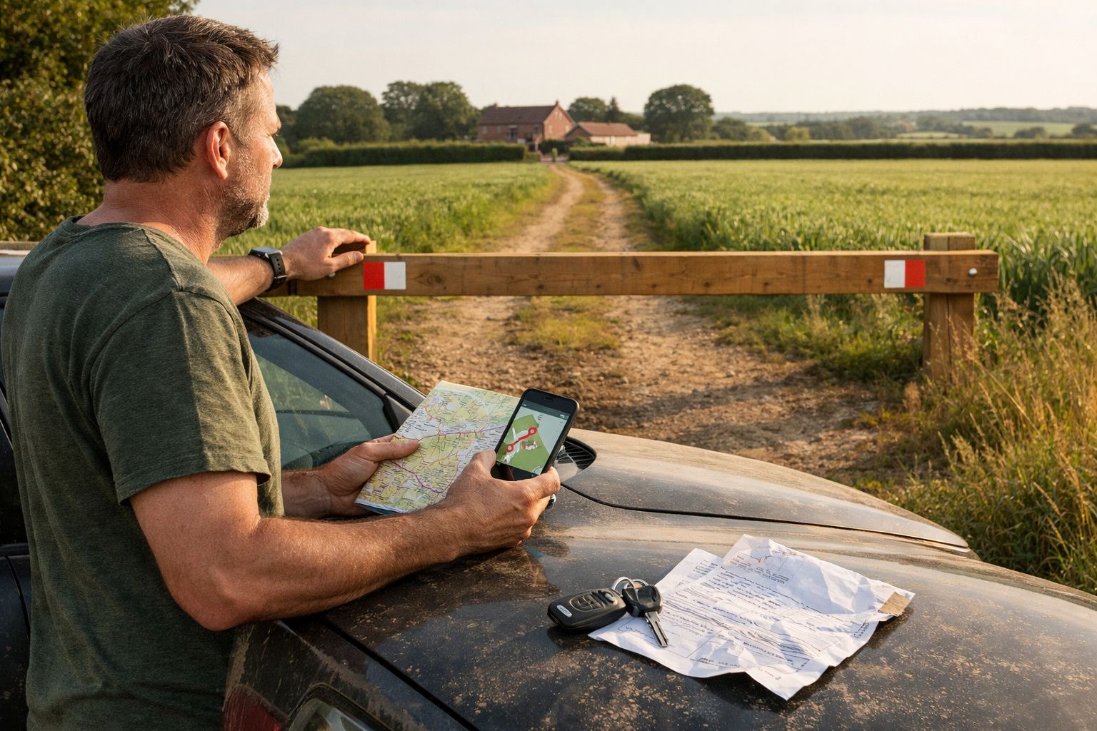 Homem com mapa e telemóvel consulta rota junto a carro parado numa estrada rural bloqueada por cancela.