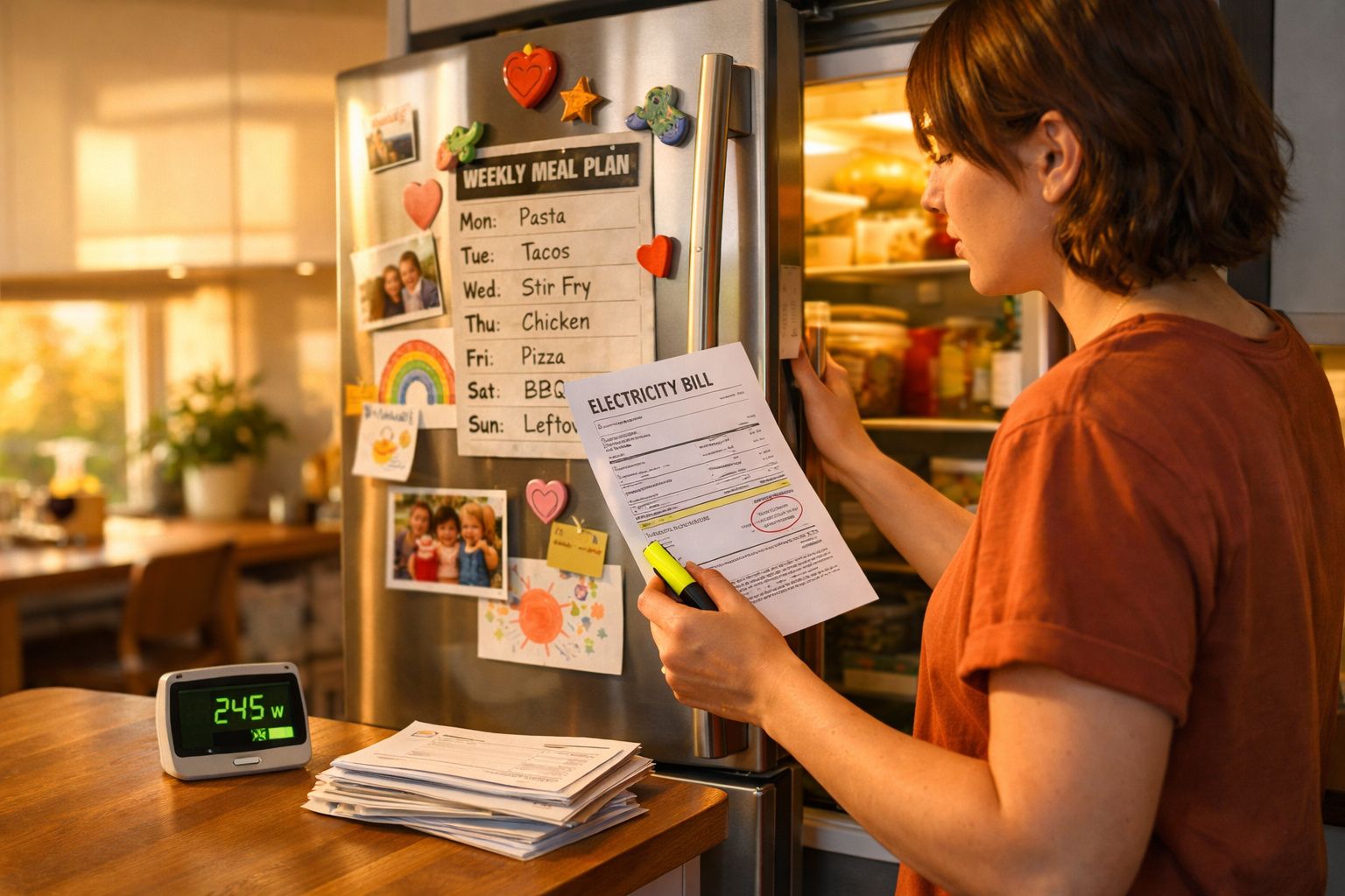 Mulher a analisar fatura de eletricidade na cozinha, próxima ao frigorífico com plano semanal de refeições.