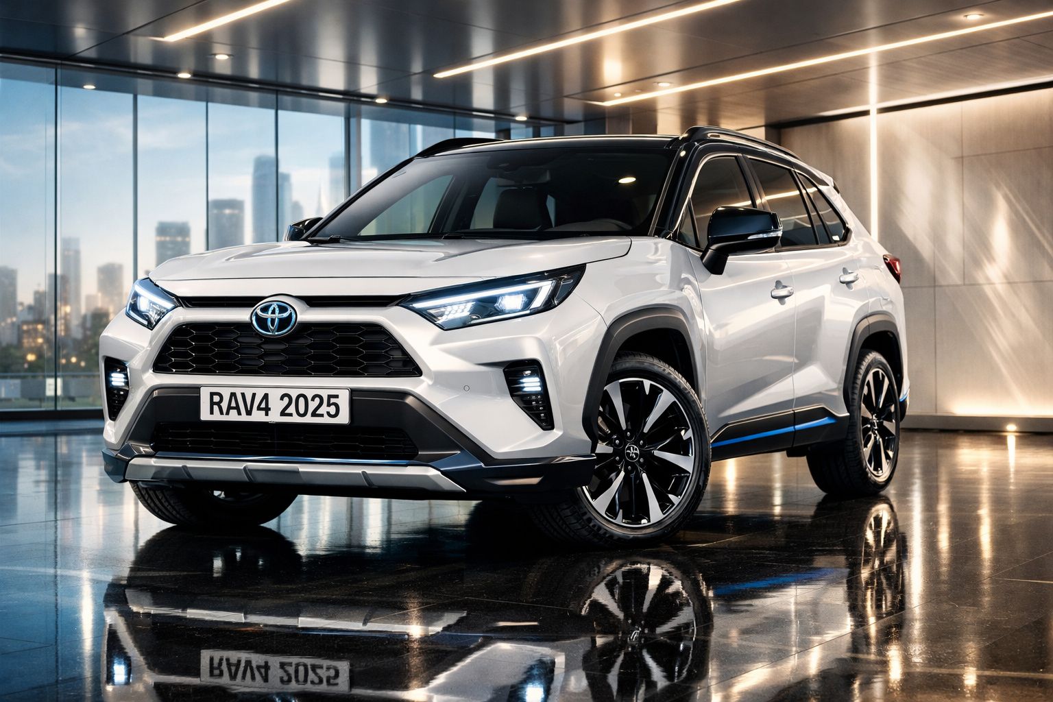 Toyota RAV4 2025 branco com pormenores pretos estacionado em interior moderno e iluminado.