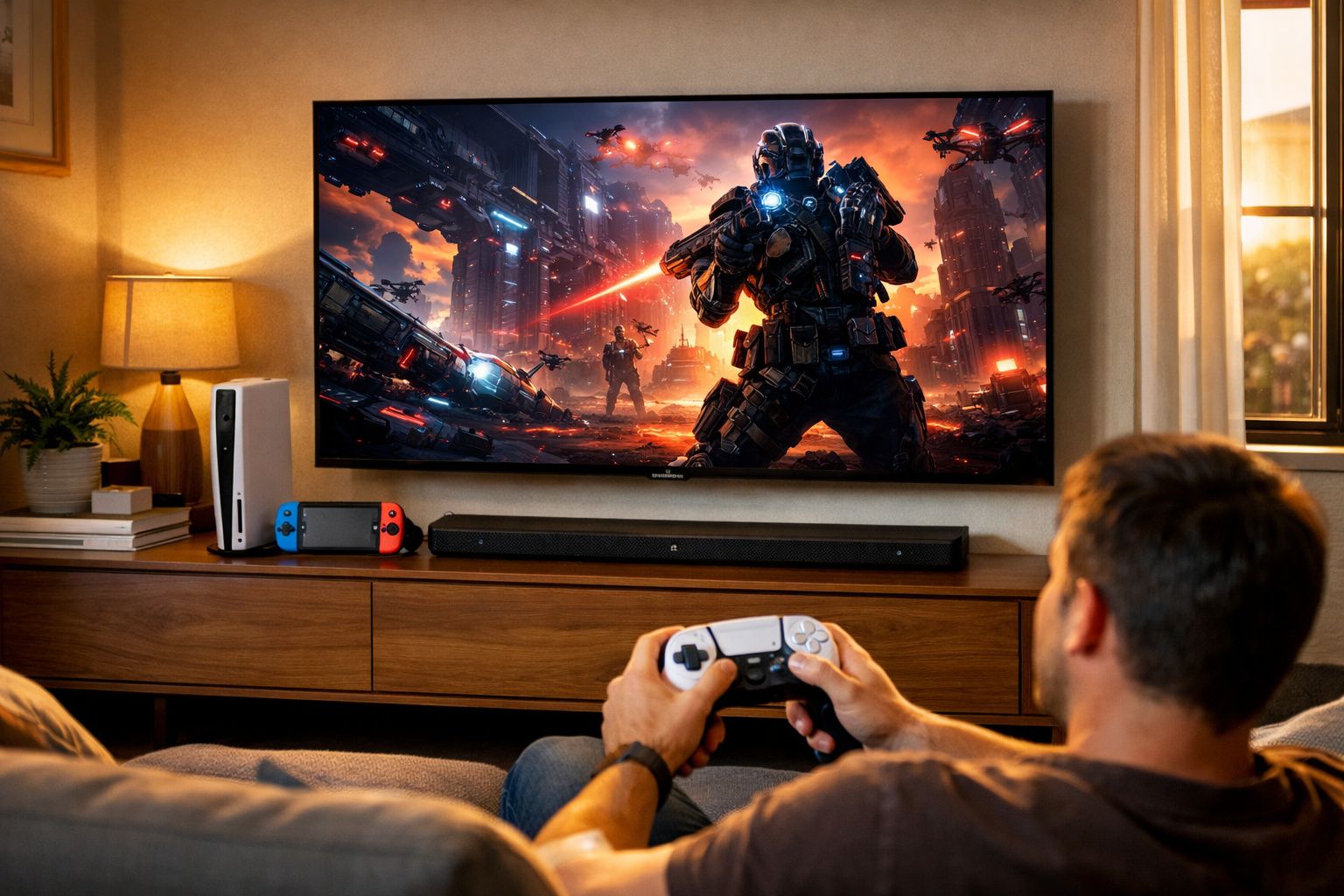 Homem sentado no sofá a jogar videojogo de ação com comando e consola Nintendo Switch à vista.
